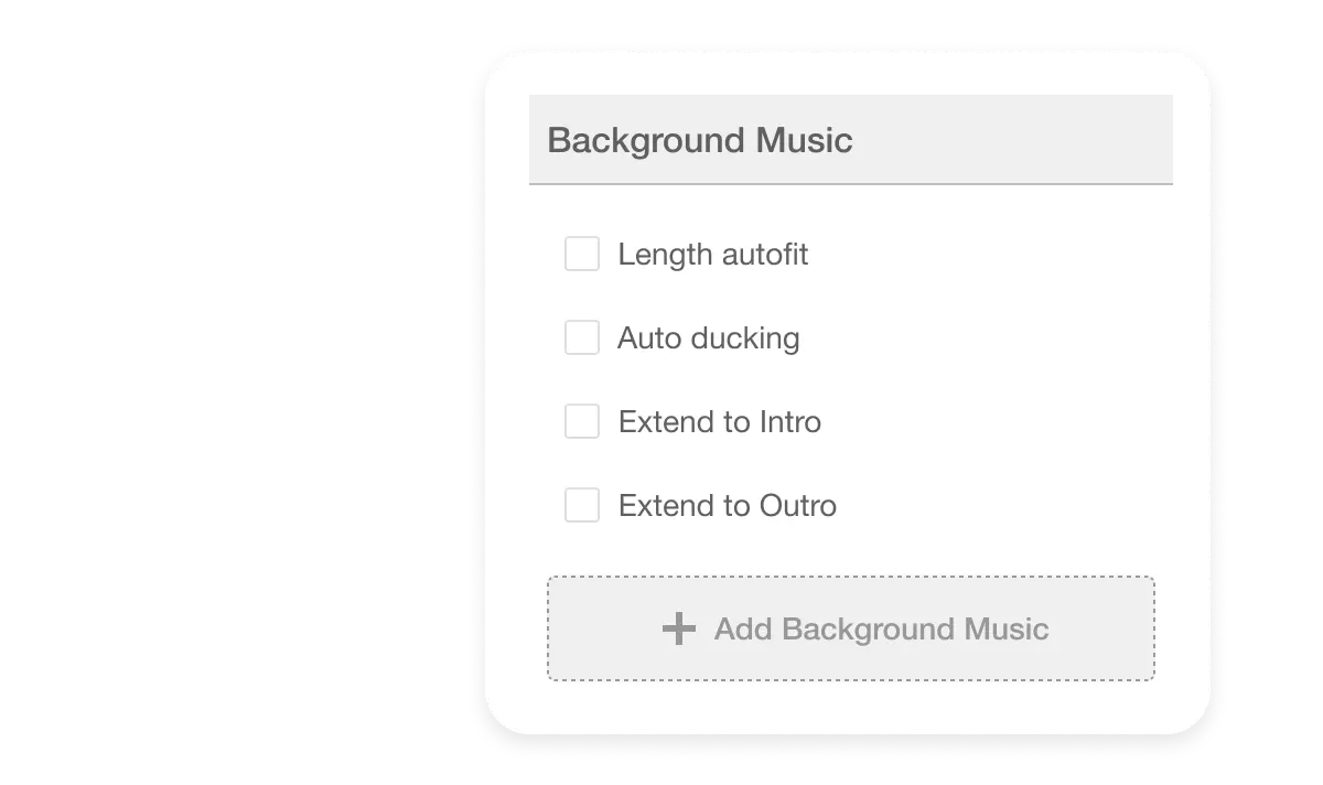 Intuitive Music Management interface for adding background music to videos, showing options for length autofit, auto ducking, and extensions for intro and outro music, streamlining video editing process.